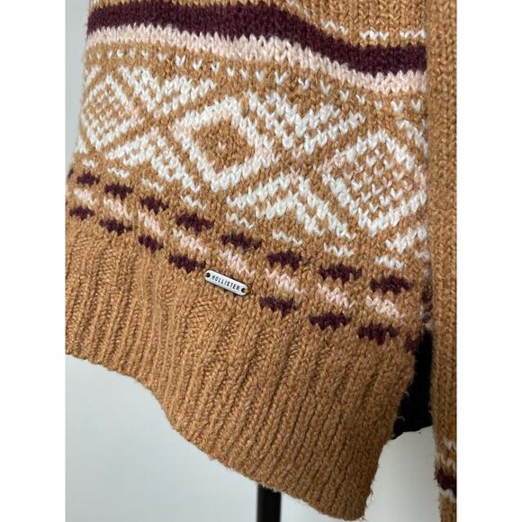 Hollister Hoodie Lace Up Pullover Aztec Western Cable Knit Sweater Tan S - Picture 5 of 10
